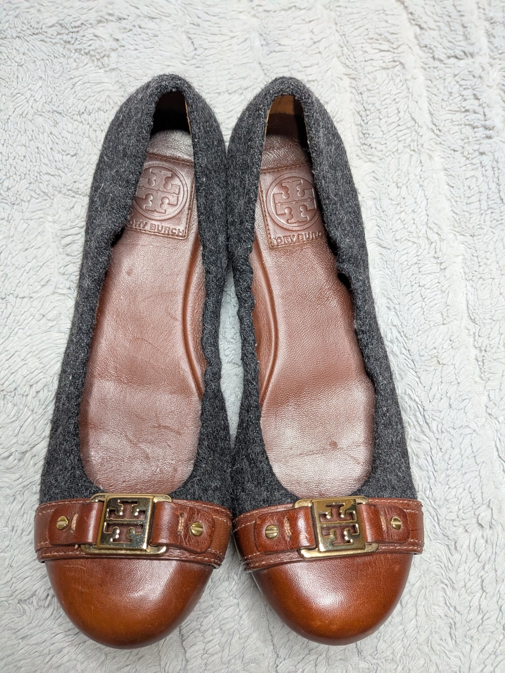 Tory Burch Gray Wool and Brown Leather Ballet Flats Women's Size 10
